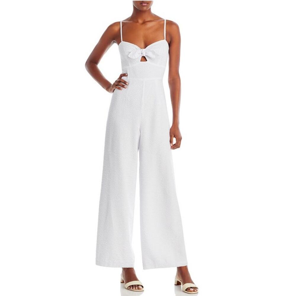 NWT Aqua Seersucker Jumpsuit Women's Size XS White Sleeveless Lined Wide Leg - Picture 2 of 16